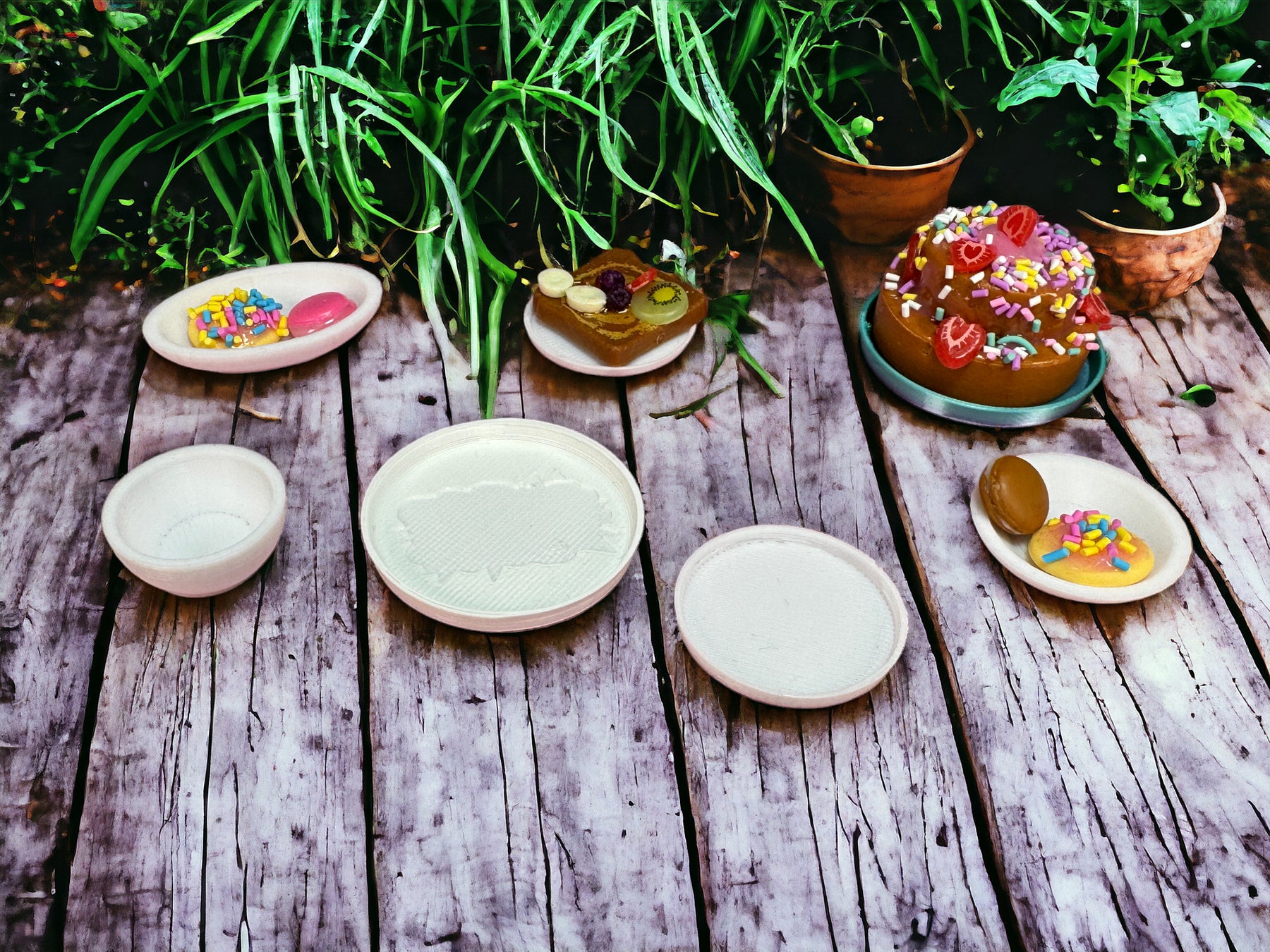 Miniverse Teller,Schüsseln Und Kuchen/Teilchen Ständer 14 Teile passend für Miniverse / Mini Brands in verschiedenen Farben